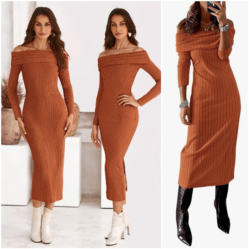NWT BTFBM Orange Off Shoulder Ribbed Long Sleeve Bodycon Midi Sweater Dress S